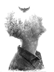 A male profile in double exposure paintography adorned with a flying bird - 733206754
