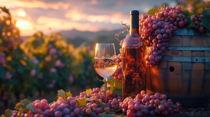 Bottles and wine glasses with grapes and barrels in countryside scene. Copy image.