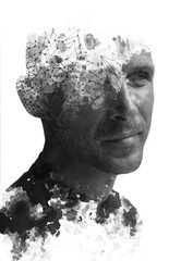 A disappearing black and white paintography double exposure male portrait - 733206948