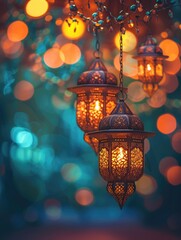 Ramadan traditional lamps on abstract glow bokeh background ramadan lantern of muslim festive 