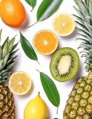 Tropical fruits, accented by lush green leaves, create a vibrant and refreshing scene against a clean white background.