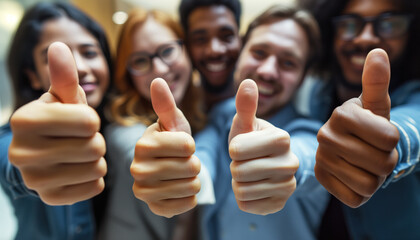 Diverse team of candidates successfully passed job interview, happy about hiring, showing thumb up like gesture - obrazy, fototapety, plakaty