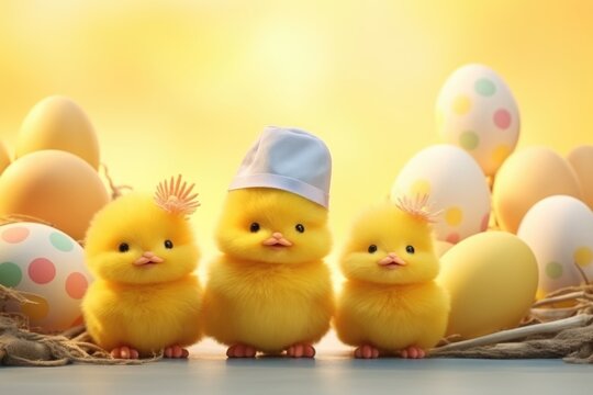 Cute handmade Easter holiday with eggs, bunny, chicks, and party hats.