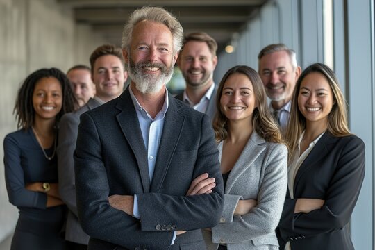 image of confident business team posing with it's male leader at a corporate office, generative ai