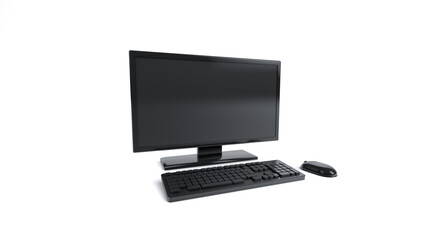 3D Rendering, Close up realistic black computer desktop set, technology and internet equipment mock up design, isolated on white background.