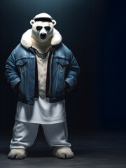 Creative animal concept. Polar Bear full body in hip hop stylish fashion isolated on dark background, commercial, editorial advertisement, surreal, copy text space