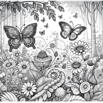 coloring book for adults, butterflies and flowers