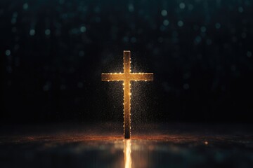 Christian cross symbol with lights on black background - obrazy, fototapety, plakaty