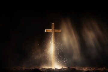 Christian cross symbol with lights on black background - obrazy, fototapety, plakaty
