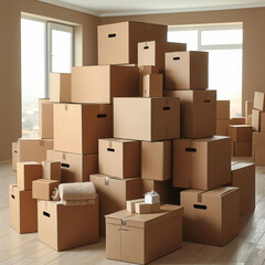 moving day concept - pile of cardboard boxes in living room