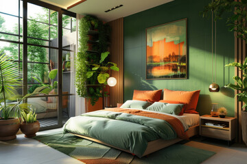 Stylish room interior with large comfortable bed, many plants