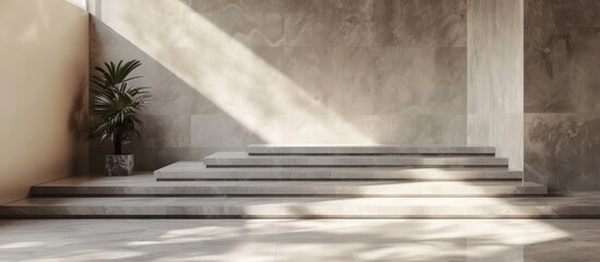Minimalist empty podium pedestal interior design with sunlight and shadows. Generated AI image