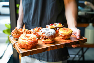 Close up of young man hands holding wooden tray with fresh baked pastries.