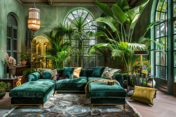 Stylish living room interior idea with green, blue and gold colors, many tropical plants