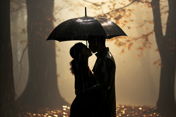 silhouette of a young loving couple, a man and a woman, kissing in the park under an umbrella. romance and love