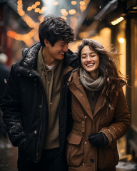A young couple in love, a man and a woman, hugging on the street of an evening city under the snow