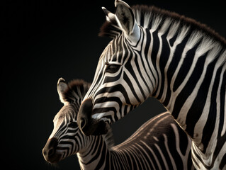Fototapeta na wymiar A photograph captures the emotional atmosphere as a zebra and her baby navigate the untamed wilderness. Perfect for social media, art prints, greeting cards, wallpapers, backgrounds and much more