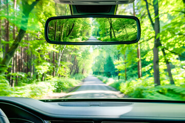 View from inside a car of a road in the forest, the rear view mirror shows the reflection of the road between trees.