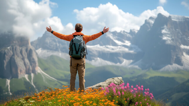 Positive man celebrating success on mountain, Happy man, arms up, on the top, Motivation to work hard to succeed