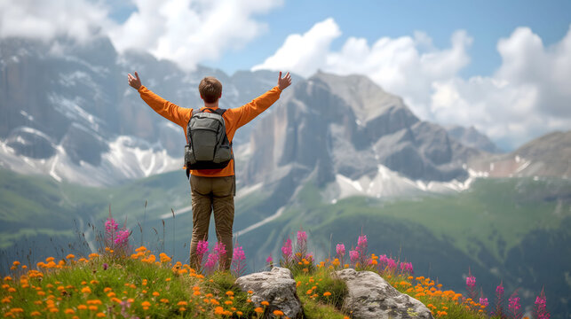 Positive man celebrating success on mountain, Happy man, arms up, on the top, Motivation to work hard to succeed
