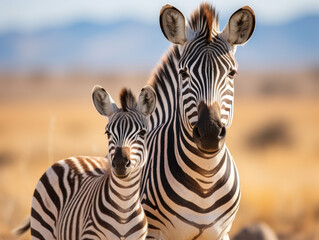 A photograph captures the emotional atmosphere as a zebra and her baby navigate the untamed wilderness. Perfect for social media, art prints, greeting cards, wallpapers, backgrounds and much more