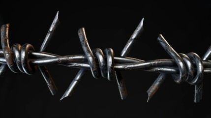 Closeup of metal barbed wire on black background - obrazy, fototapety, plakaty