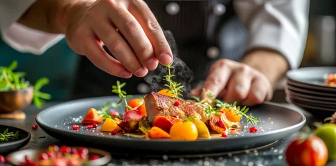 Fotobehang Chef Decorating Sliced Duck Breast with Fresh Herbs Amidst Roasted Vegetables  © Infini Craft