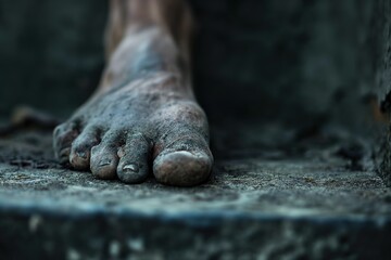 This close-up photograph captures the intricate details of a persons foot, revealing the organic connection between humanity and the earth through the presence of dirt.