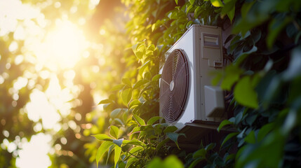 Heat pump on house wall with green plants