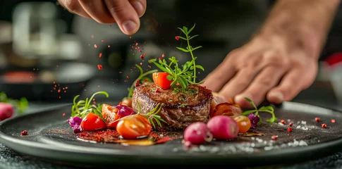 Fotobehang Chef Artfully Plating Meat with Fresh Vegetables and Edible Flowers  © Infini Craft