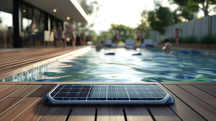 Modern solar powered swimming pool pump with visible solar panels and wooden deck