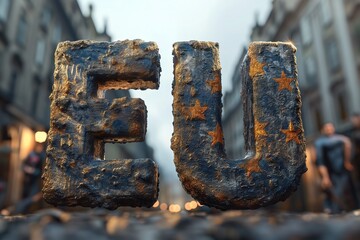Beautifully logo weathered metal letters EU of Europea Union.