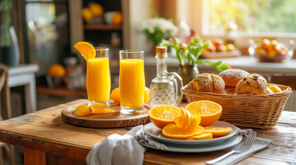 summer breakfast with fresh orange juice and fresh bread on a table