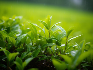 A picturesque photograph captures a lush tea garden after spring rainfall, situated in a serene estate setting witness tranquility and beauty.Perfect for wallpapers, cards, Tea marketing, backgrounds