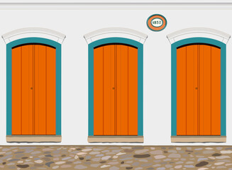 Paraty, Brazil. White house facade with orange and green doors from 1852 from the colonial period and cobblestone street in the historic center. Realistic vector illustration. - obrazy, fototapety, plakaty
