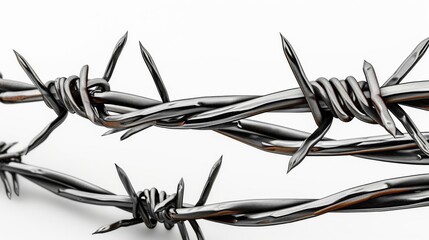 Closeup of metal barbed wire on white background