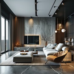 An open plan living space with a large sectional sofa, ambient LED lighting, wooden floors, and a sleek kitchen in the background, showcasing a contemporary home design..atmosphere..