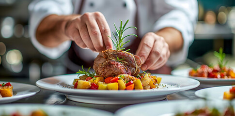 Chef Garnishing Grilled Meat Entree with Rosemary in Fine Dining Setting
