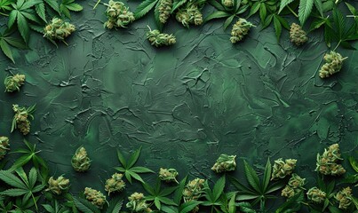 Overhead flat lay of dried cannabis marijuana buds on a matte dark green background, generative ai - obrazy, fototapety, plakaty