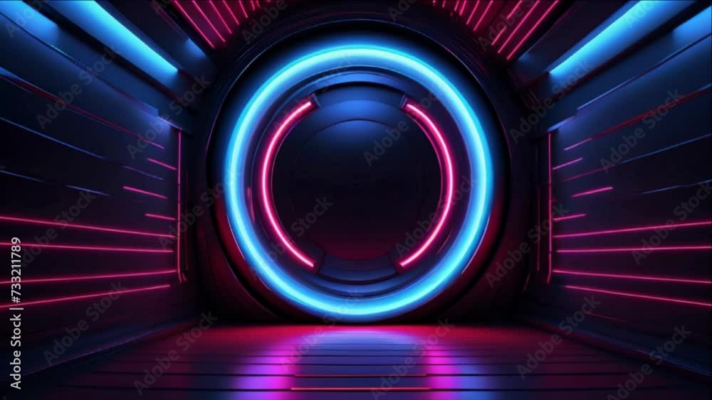 Wall mural neon circle lights abstract background for a colorful vortex concept. bright shiny round border for 