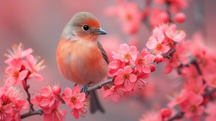 Ptak siedzący na gałęzi drzewa z różowymi kwiatami - obrazy, fototapety, plakaty