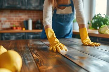 Woman in rubber gloves dusting wooden table, kitchen room interior - obrazy, fototapety, plakaty
