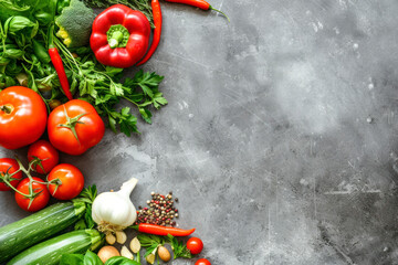Raw organic vegetables with fresh ingredients for healthily cooking on vintage background, top view, banner.