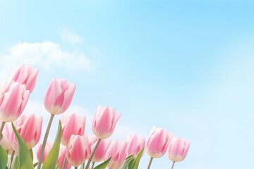 Pink tulips on a blue sky background. with copy space. for valentine, birthday, wedding, invitation, card, greeting, presentation, celebration, banner	
