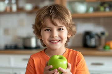 Fototapeta premium A smiling boy in an orange T-shirt holds a green apple in his hand