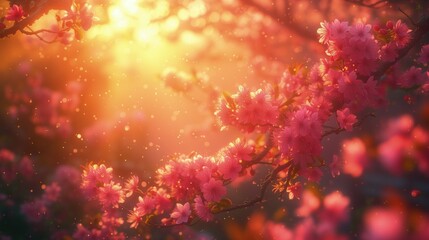 Promienie słońca przebijają się przez gałęzie różowych kwiatów
