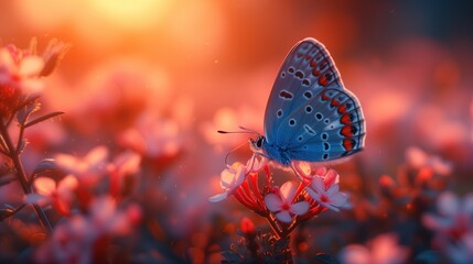 Błękitny motyl siedzący na szczycie kwiatu - obrazy, fototapety, plakaty