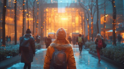 Osoba z plecakiem i czapką zimową idzie do oświetlonego przeszklonego budynku