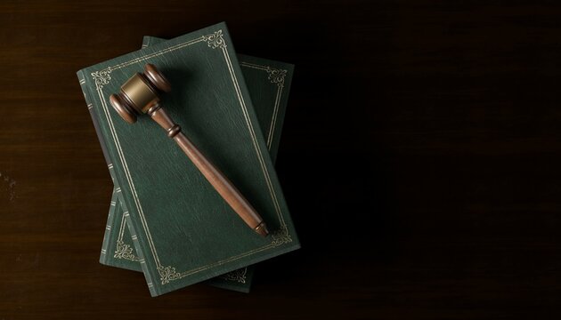 Wooden gavel, judges hammer or mallet on books over wood table background, law, legal or court symbol or concept, top view flat lay from above