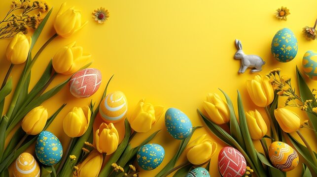 

Easter flat lay with yellow tulips colorful easter eggs and bunnies decoration on yellow background top view copy space, generative ai